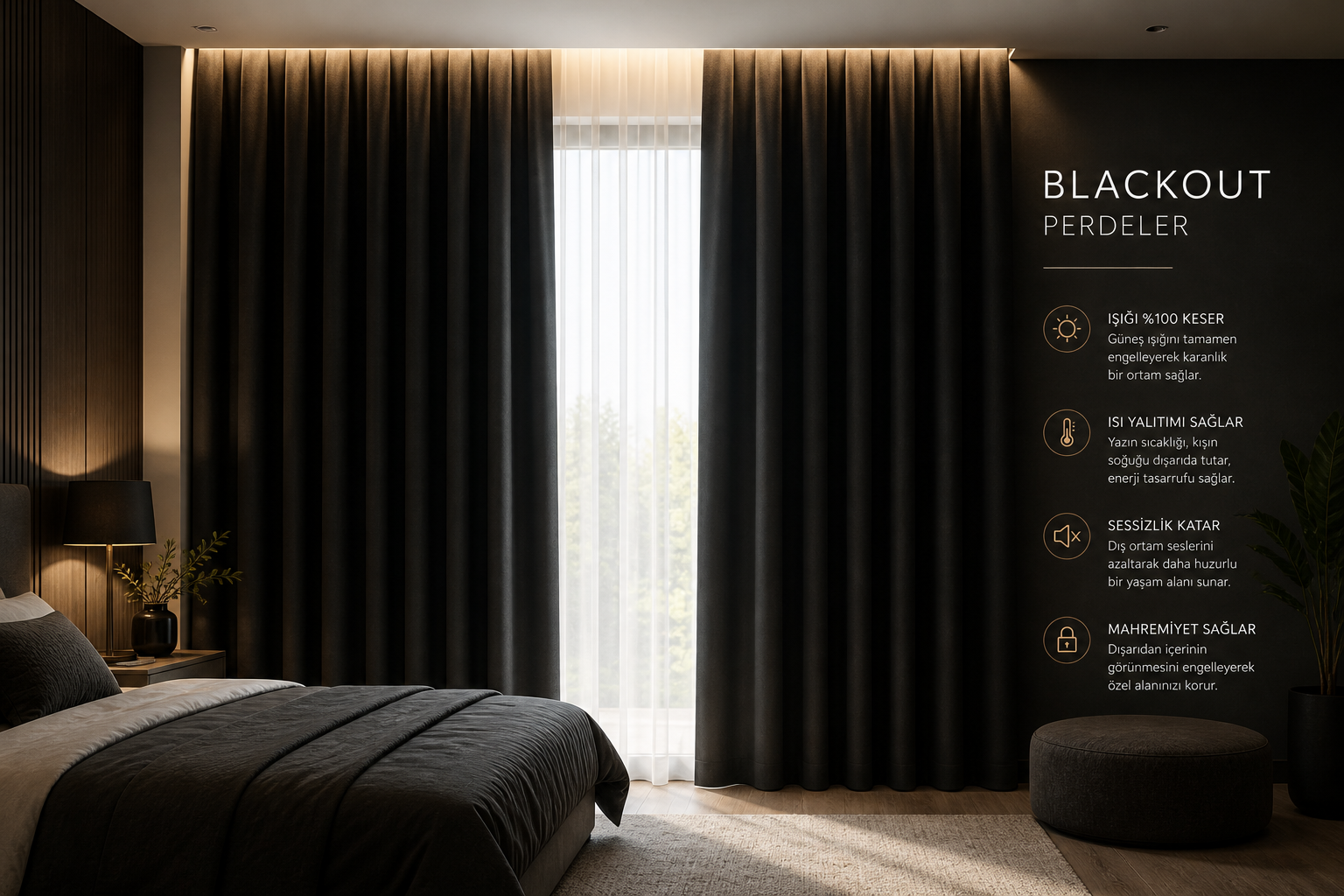 Koyu renk blackout perdelerle dekore edilmiş yaşam alanı